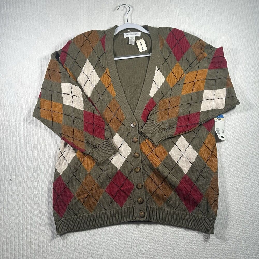 Jones New York Woman Cardigan Sweater 2X Argyle Green V-Neck Button Plus